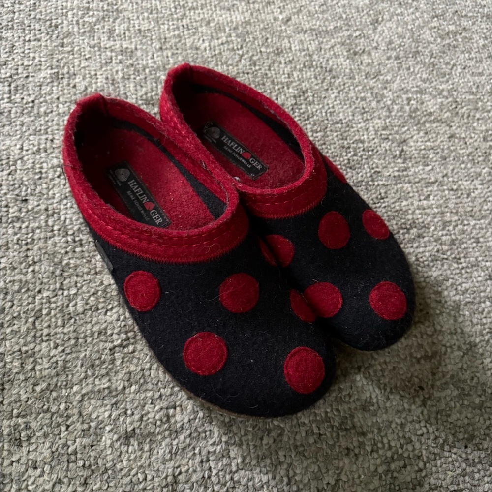 Haflinger Red and Black Polka Dot Slip on shoes 
Size 41